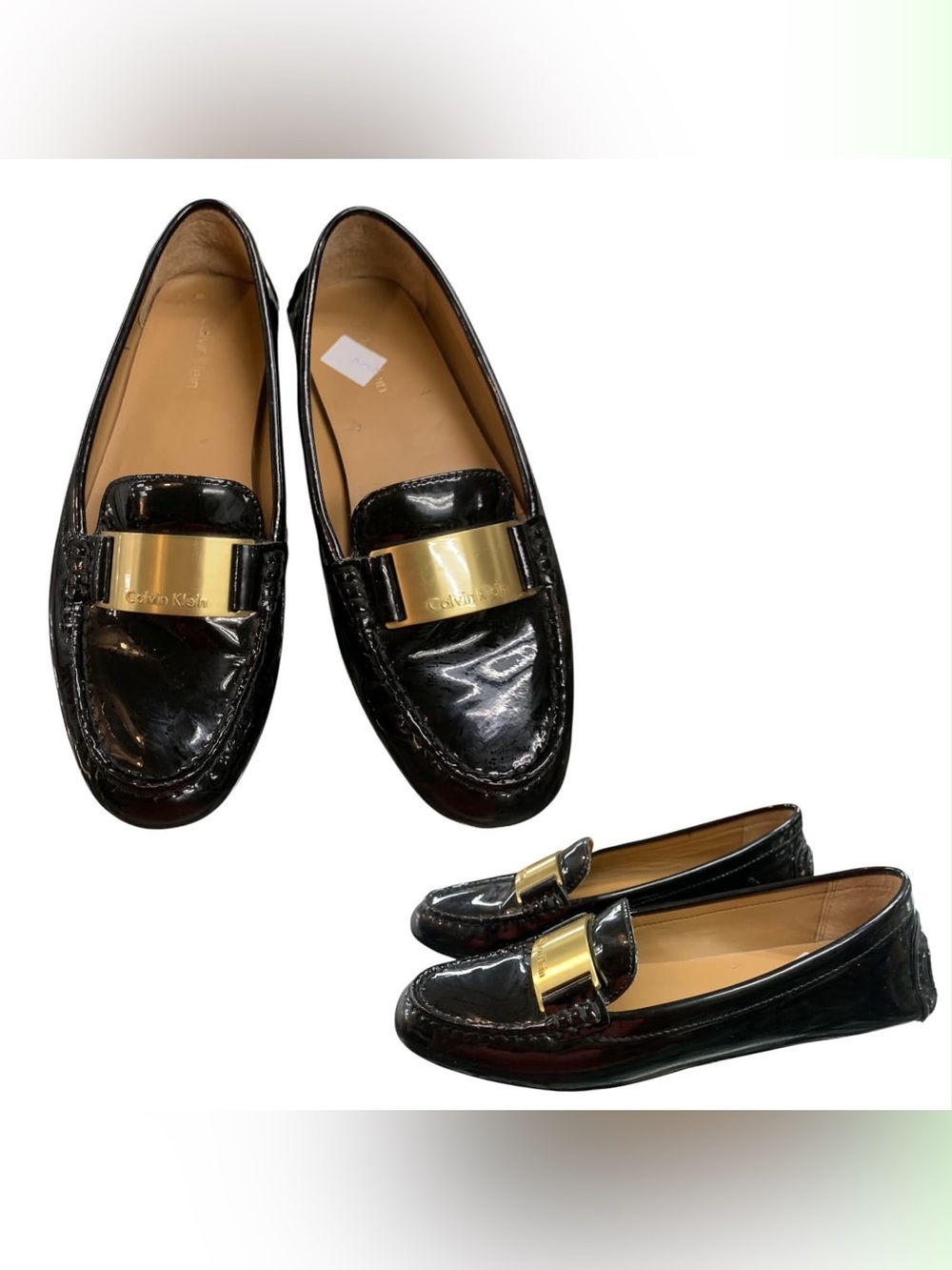 Calvin Klein Black Patent Loafers with Gold Plaque Accent S7